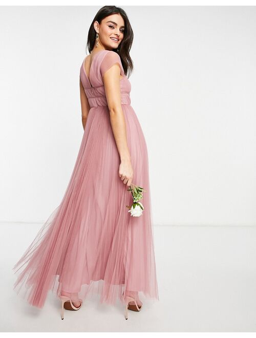 ASOS DESIGN tulle plunge maxi dress with shirred sleeves in rose