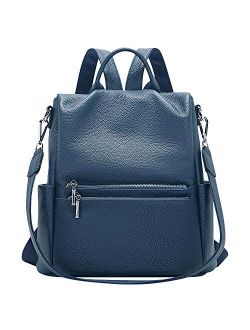 Soft Leather Antitheft Backpack Purse for Women Ladies Rucksack Shoulder Bag Medium(O143E Linen Blue)
