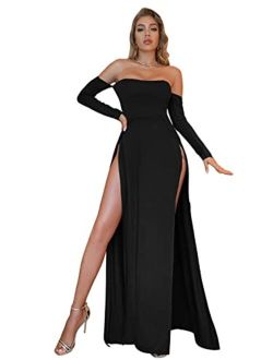 Women's Off The Shoulder Long Sleeve Dress High Split Party Evening Maxi Long Dress
