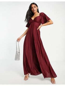 pleated twist back cap sleeve maxi dress in red