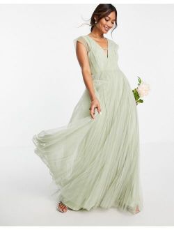 tulle plunge maxi dress with shirred sleeves in sage