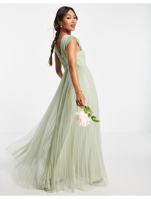 ASOS DESIGN tulle plunge maxi dress with shirred sleeves in sage