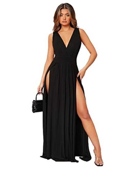 SheIn Women's Split Thigh Deep V Neck Maxi Dress Sleeveless Solid Long Tank Dresses