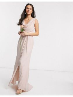 Bridesmaid cowl front maxi dress with button back detail in Blush