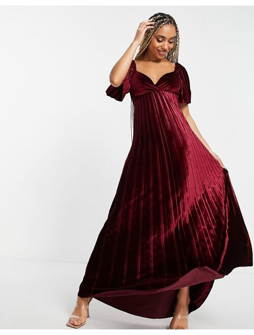 ASOS DESIGN twist back pleated empire waist velvet maxi dress in red