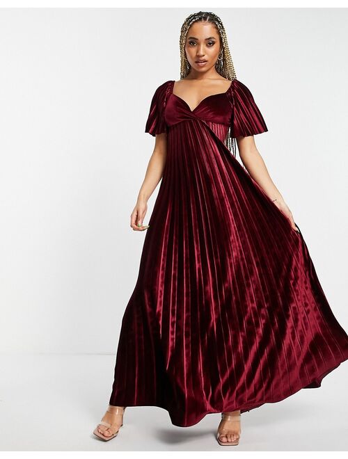 ASOS DESIGN twist back pleated empire waist velvet maxi dress in red
