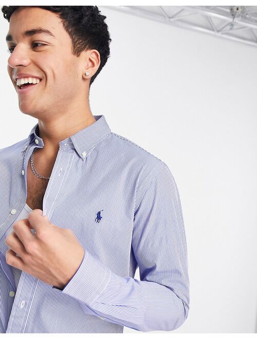 Polo Ralph Lauren player logo slim fit stripe poplin shirt in blue/white