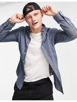 icon logo slim fit denim shirt button down in dark wash blue