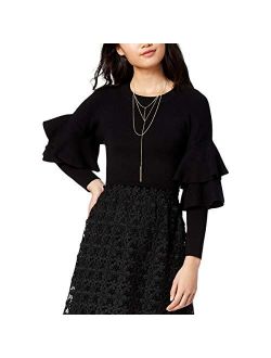 Womens Ruffle Sleeve Knit Sweater, Black, Large