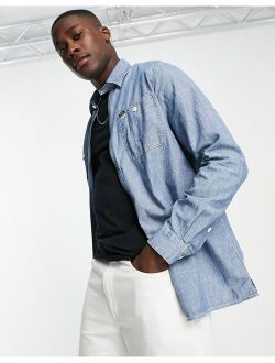 zip front denim overshirt jacket classic oversized fit in mid wash blue