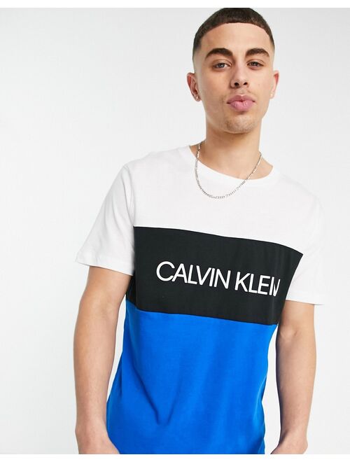 Calvin Klein color block relaxed fit swim t-shirt in white and blue