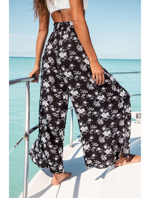 Lulus Loves the Sun Black Floral Print Wide-Leg Pants