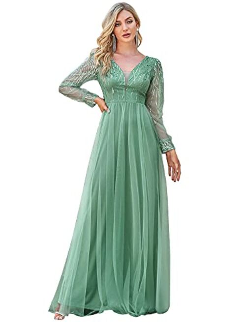 Ever-Pretty Women's Elegant V Neck Sparkling Embroidery Floor Length Formal Dress 0478
