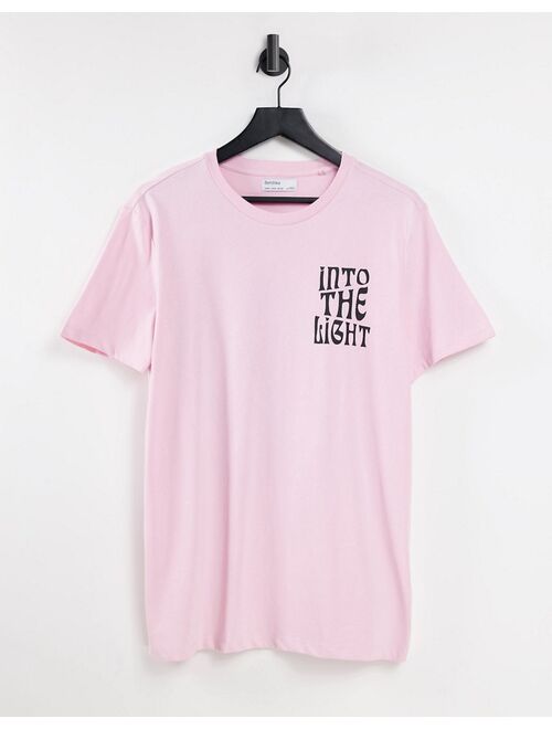 Bershka T-shirt with back print in pink