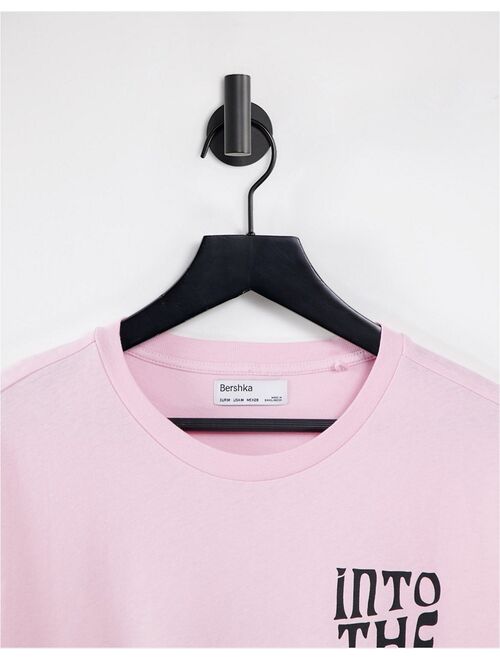 Bershka T-shirt with back print in pink