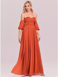 Women's Off-Shoulder Pleated A-Line Backless Maxi Evening Dress 50162