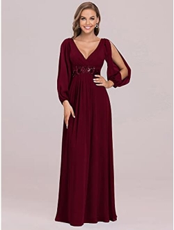 Women's A-line Long Sleeve V-Neck Chiffon Mother of The Bride Dress 0461