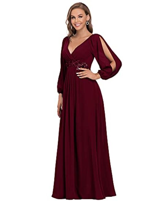 Ever-Pretty Women's A-line Long Sleeve V-Neck Chiffon Mother of The Bride Dress 0461