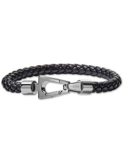 Men's Black Braided Leather Bracelet in Stainless Steel