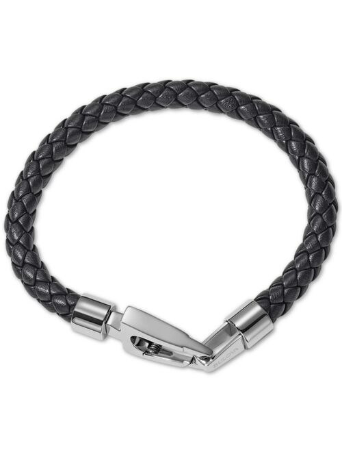 Bulova Men's Black Braided Leather Bracelet in Stainless Steel