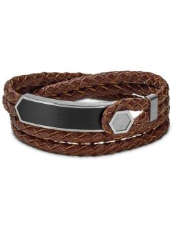 Men's Brown Braided Leather Wrap Bracelet in Stainless Steel, J96B009M