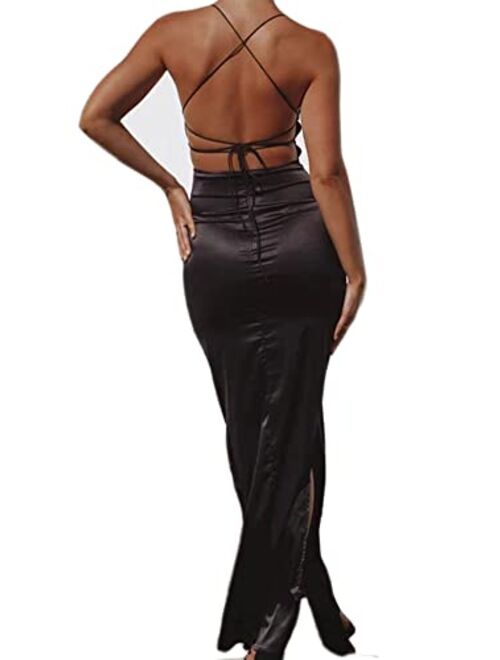 Just Quella Women Maxi Dress Satin Strappy Backless Evening Party Dress with Slit