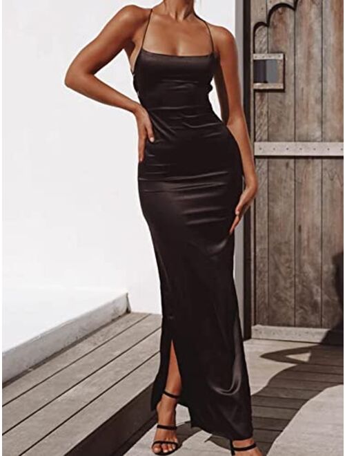 Just Quella Women Maxi Dress Satin Strappy Backless Evening Party Dress with Slit