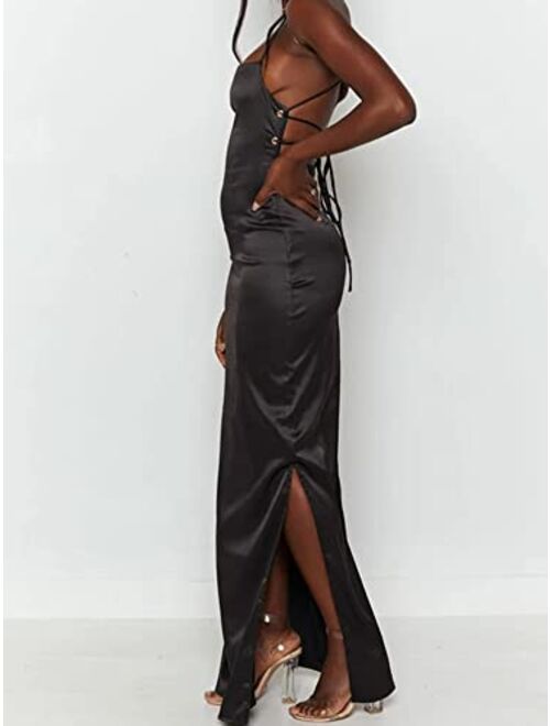 Just Quella Women Maxi Dress Satin Strappy Backless Evening Party Dress with Slit