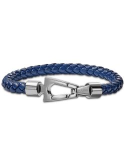 Men's Blue Braided Leather Bracelet in Stainless Steel