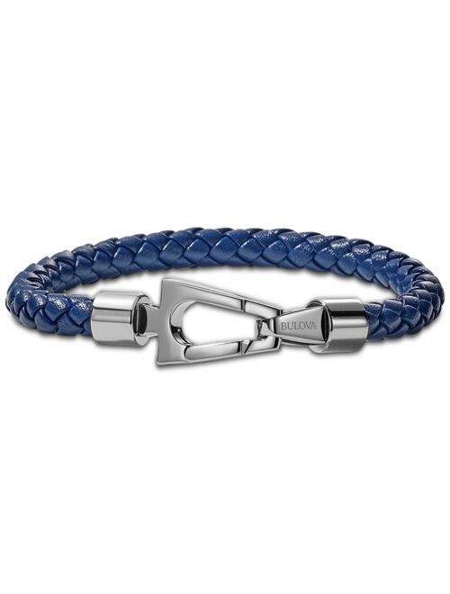 Bulova Men's Blue Braided Leather Bracelet in Stainless Steel
