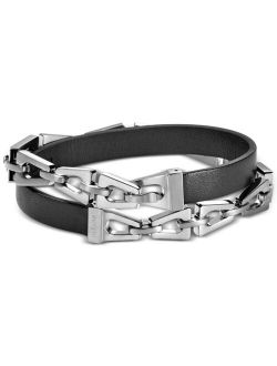 Men's Black Leather and Tuning-Fork Link Wrap Bracelet in Stainless Steel