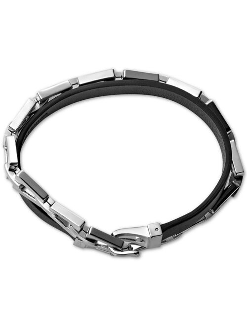 Bulova Men's Black Leather and Tuning-Fork Link Wrap Bracelet in Stainless Steel