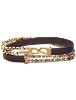 Men's Double-Chain & Leather Wrap Bracelet in Gold-Tone Stainless Steel