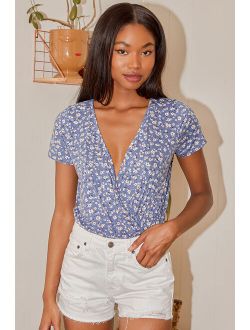 Keep Blooming On Slate Blue Floral Print Short Sleeve Bodysuit
