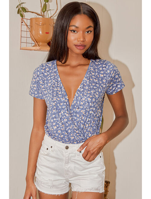 Lulus Keep Blooming On Slate Blue Floral Print Short Sleeve Bodysuit