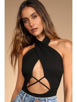 Mega Flirt Black Cross-Front Cutout Halter Bodysuit
