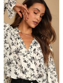 Keep Things Classy Beige Floral Print Button-Up Long Sleeve Top