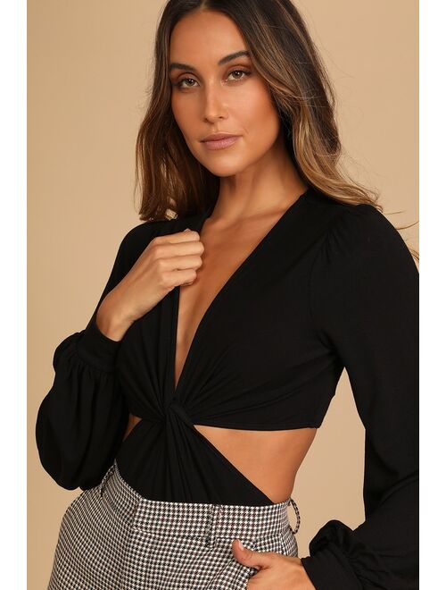 Lulus Twist and Clout Black Twist-Front Cutout Long Sleeve Bodysuit