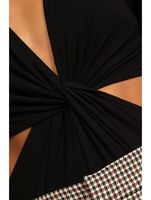 Lulus Twist and Clout Black Twist-Front Cutout Long Sleeve Bodysuit