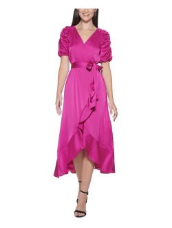 kensie Ruched-Sleeve Faux-Wrap Dress