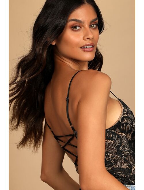Lulus Flirty Touch Black Lace-Up Lace Bodysuit