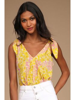 Bare it All Yellow Floral Print Tie-Strap Bodysuit