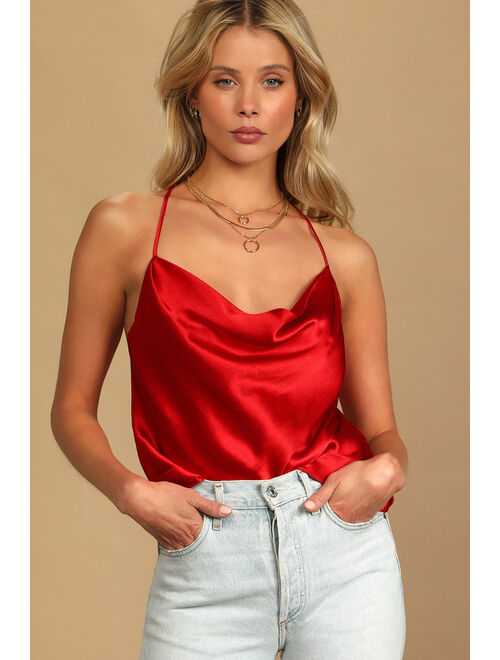 Lulus Forever Classy Red Satin Cowl Neck Tank Top