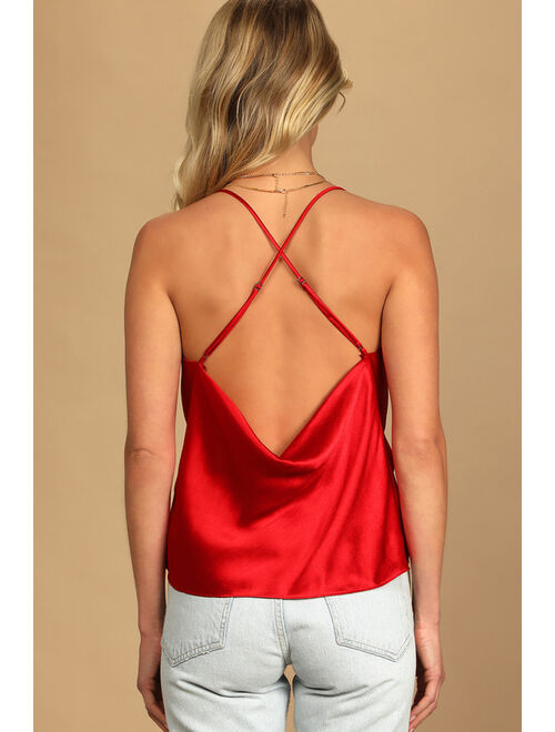 Lulus Forever Classy Red Satin Cowl Neck Tank Top