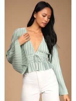 Staying Optimistic Sage Green Pleated Bell Sleeve Top