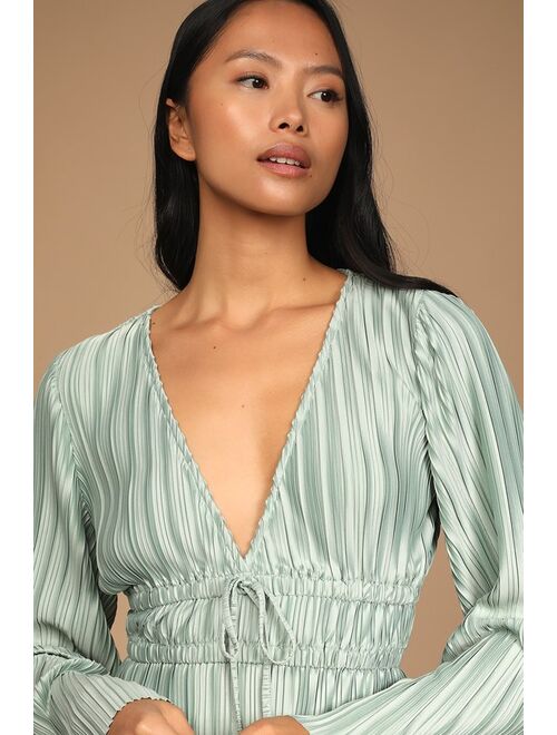 Lulus Staying Optimistic Sage Green Pleated Bell Sleeve Top