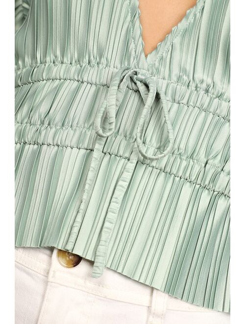 Lulus Staying Optimistic Sage Green Pleated Bell Sleeve Top