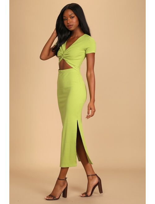 Lulus Style Twist Lime Green Twist Front Cutout Midi Dress