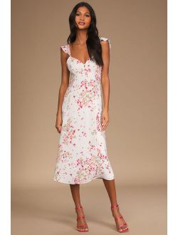 Love Grows Strong Ivory Floral Print Ruffled Midi Dress