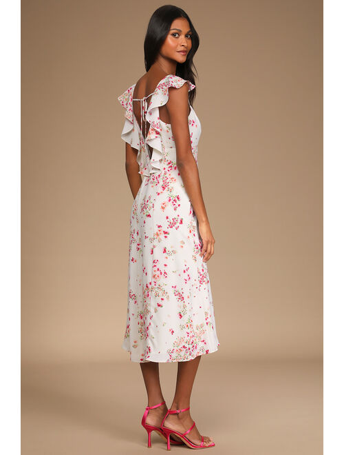 Lulus Love Grows Strong Ivory Floral Print Ruffled Midi Dress